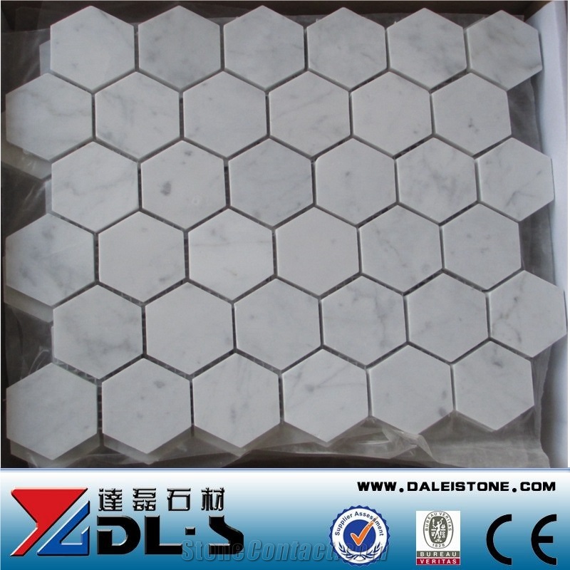 Big Hexagon Bianco White Carrara Marble Mosaic