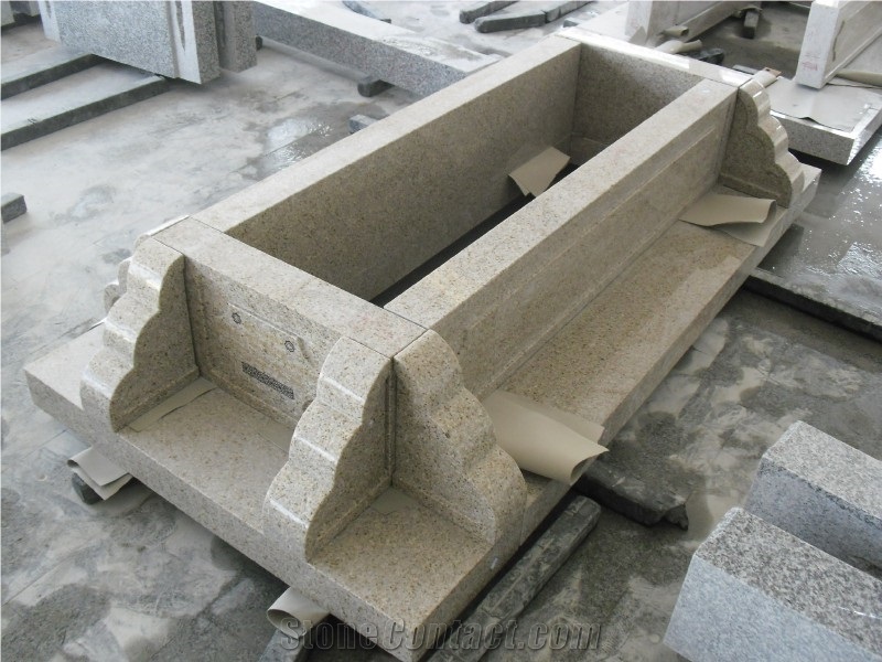 China G682 Rustic Yellow Coffin/ Sunset Gold Granite Tombstones, Headstones, Monuments Of French Style with Special Shapes