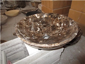 Dark Emperador Brown Marble Round Bowls Wash Basins, Sinks for Bathroom