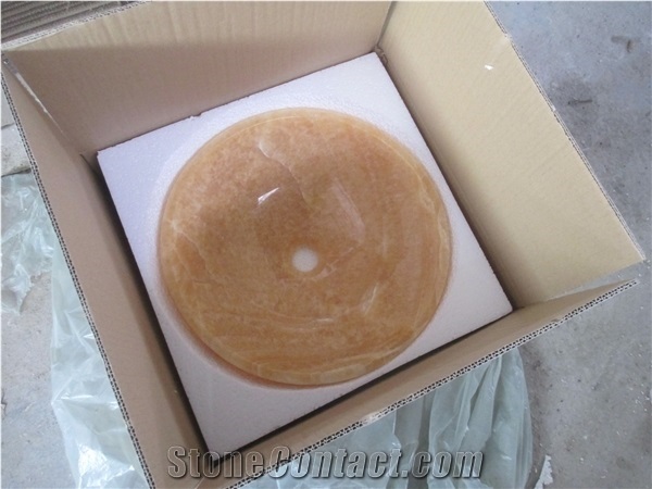 Turkey Popular Cheap Honey Onyx Round Wash Basin/Bowl Sinks for Bathroom, Hotel Toilet Project Use, Natural Building Stone Decoration Vessel Sinks, European Style