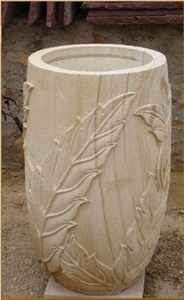 Beige Stone Flower Pot, Teak Wood Sandstone Flower Pot