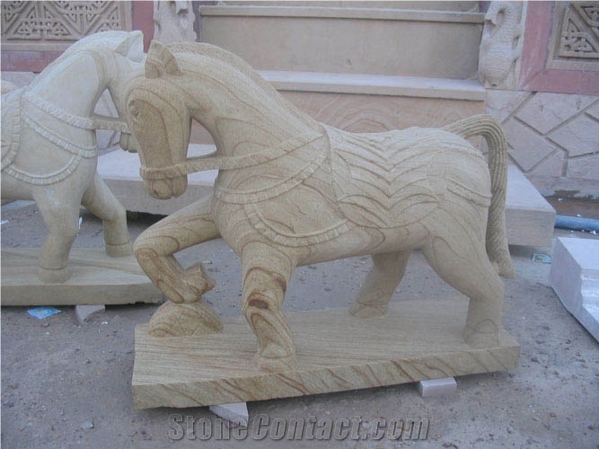 Stone Animal Statue, Teak Wood Sandstone Sculpture
