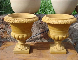 Yellow Stone Flower Pot, Teak Wood Sandstone Flower Pot
