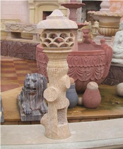 Yellow Stone Garden Lamp, Teak Wood Sandstone India Lanterns