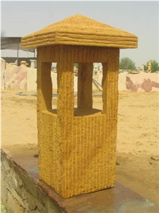 Yellow Stone Garden Lamp, Teak Wood Sandstone India Lanterns