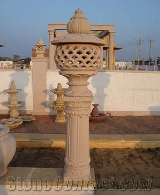 Yellow Stone Garden Lamp, Teak Wood Sandstone India Lanterns