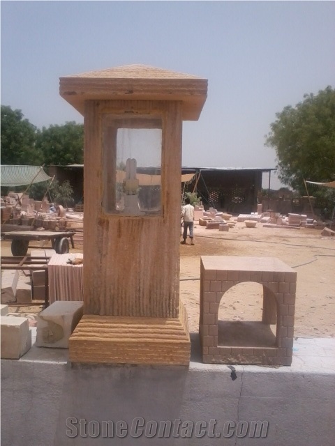 Yellow Stone Garden Lamp, Teak Wood Sandstone Lanterns India