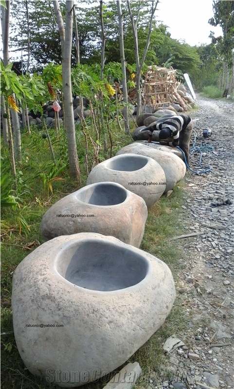 Big Pot River Stone, Grey Travertine Indonesia Flower Pot