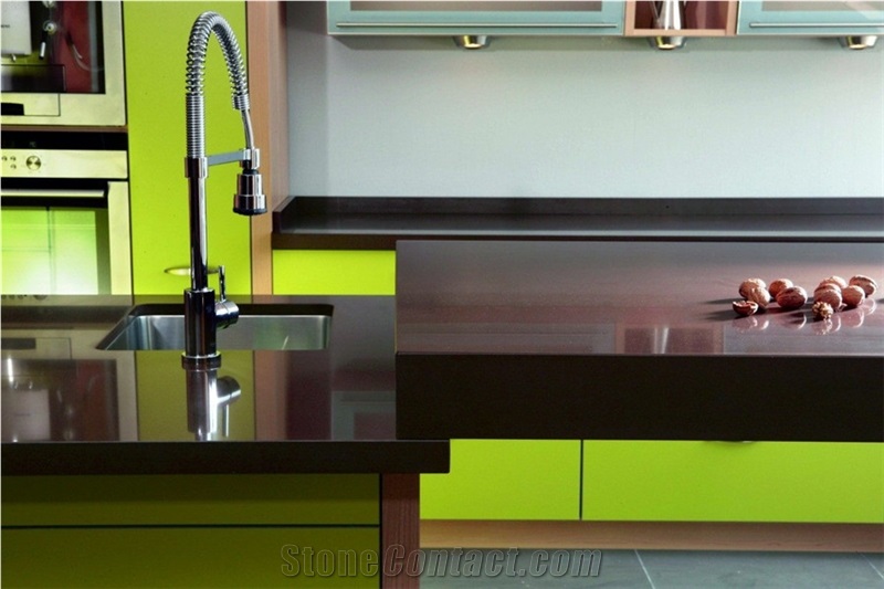 Bst F0083 Chemical and Stain Resistant China Black Quartz Stone Tiles & Slabs for Polished Surfaces Vanity Tops Kitchen Tops with 1/4"Bevel Edges and Customized Edges Available 2cm Thick