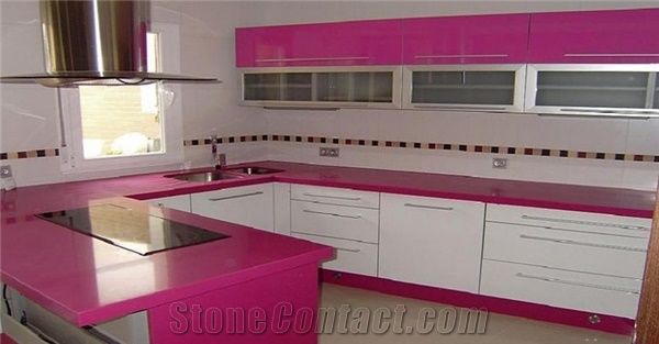 China Red Man-Made Quartz Stone Countertops,Qualified for European Standards,More Durable Than Granite,Thickness 2/3cm with the Perfect Final Touch Of Various Edge Styles, Red Quartzite Kitchen Counte
