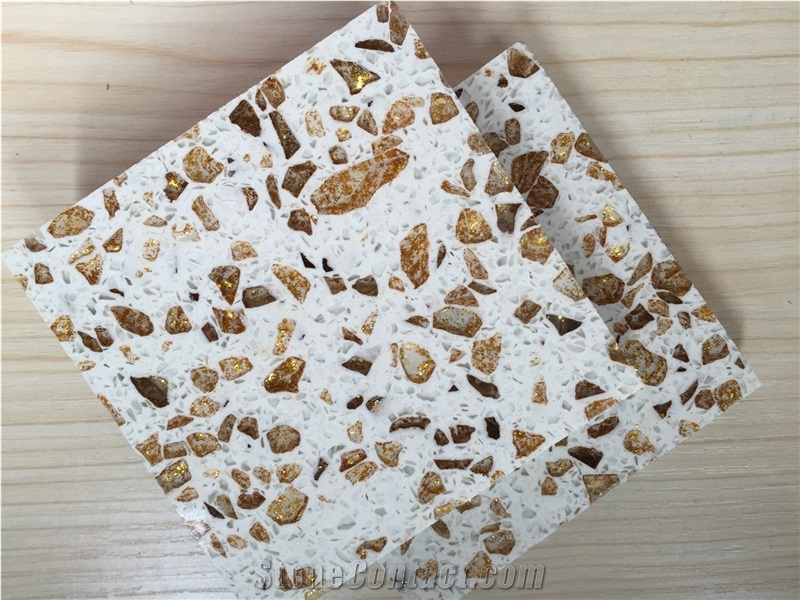 Enviroment-Friendly & Safety Quartz Stone Slabs and Tiles, Golden Series in Standard Size 3000*1400mm and 3200*1600mm with Thickness 12/15/20/25/30mm for Kitchen Countertop More Durable Than Granite