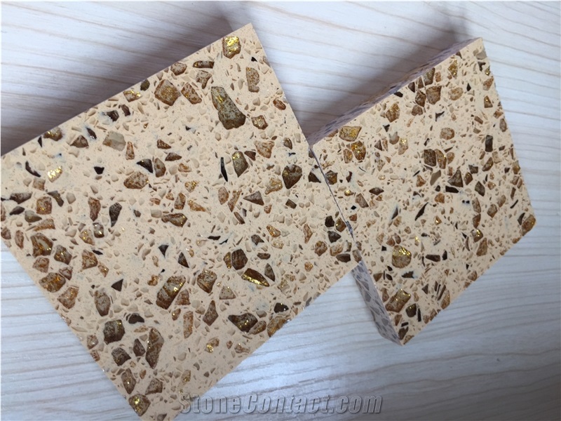 Safe and Stylish Cut to Size Quartz Stone Golden Series for Kitchen Counter Top Vanity Top Table Top Design More Durable Than Granite Thickness 2cm or 3cm with High Gloss and Hardness