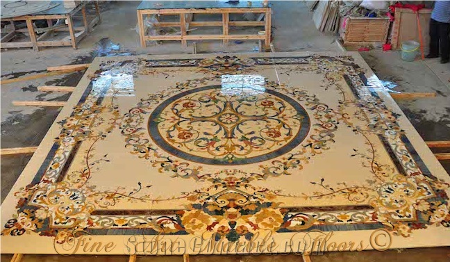 Crema Marfil Ivory Marble Stone Waterjet Medallion Pattern Cutting, Fine Art Marble Floors Ltd