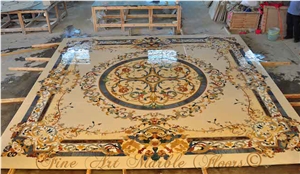 Crema Marfil Ivory Marble Stone Waterjet Medallion Pattern Cutting, Fine Art Marble Floors Ltd