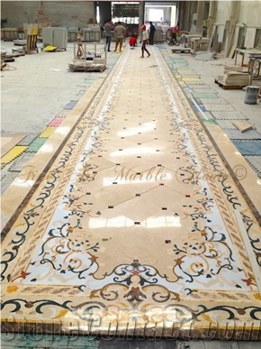 Crema Marfil Ivory Marble Stone Waterjet Medallion Pattern Cutting, Fine Art Marble Floors Ltd