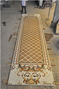 Crema Marfil Ivory Marble Stone Waterjet Medallion Pattern Cutting, Fine Art Marble Floors Ltd
