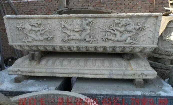 Antique Stone Carving Old Planter Fish Pool Flower Pot, Hostorical Carving Stone