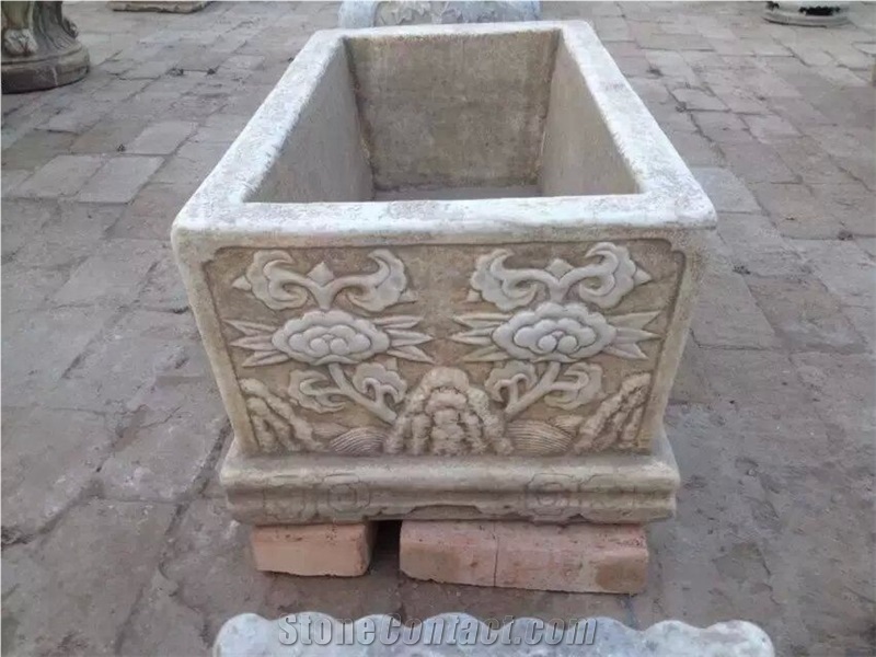 Antique Stone Carving Old Planter Fish Pool Flower Pot, Hostorical Carving Stone