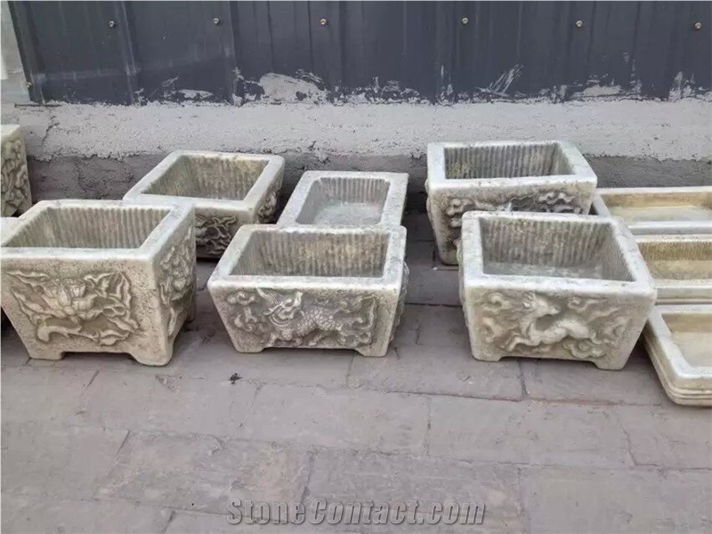 Antique Stone Carving Old Planter Fish Pool Flower Pot, Hostorical Carving Stone