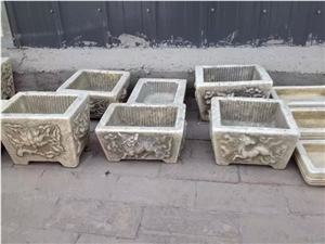Antique Stone Carving Old Planter Fish Pool Flower Pot, Hostorical Carving Stone