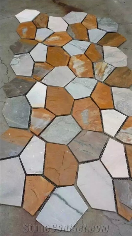 Yellow Rusty Slate Crazy Paving for Garden Path Wall, Rusty Yellow Brown Slate Flagstone