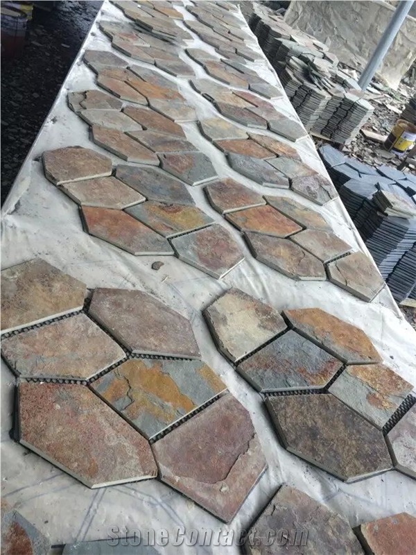 Yellow Rusty Slate Crazy Paving for Garden Path Wall, Rusty Yellow Brown Slate Flagstone
