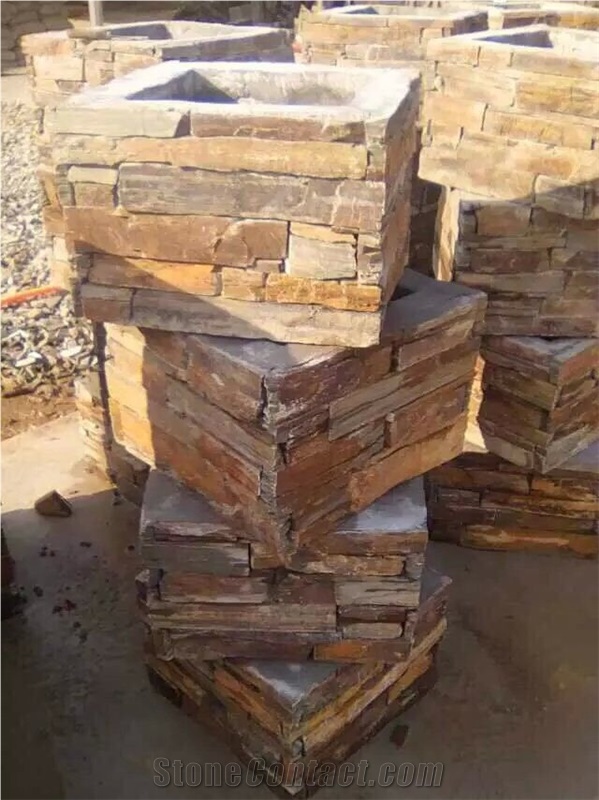 Yellow Slate Culture Stone Pasting Flower Pot Planter Gate Column, Brown Slate Cultured Stone