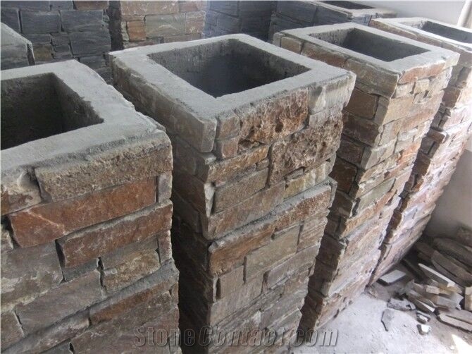 Yellow Slate Culture Stone Pasting Flower Pot Planter Gate Column, Brown Slate Cultured Stone