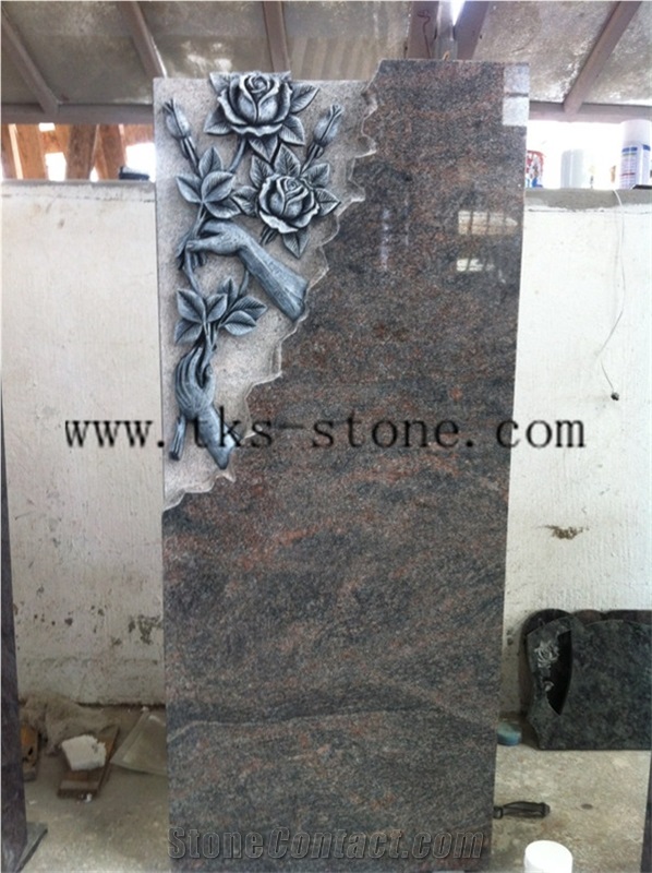 Bevel Headstones Brown Granite Flower Monuments & Tombstone, German Style Tombstone,Carving Monument