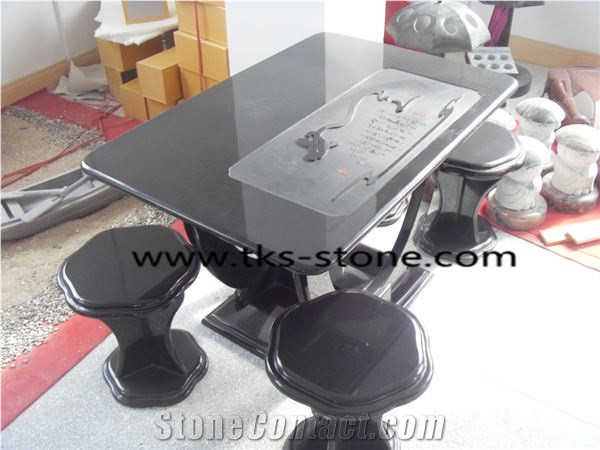 Black Granite Bench & Table,Stone Table Sets Caving,Black Granite Furniture,Table and Chairs Sculptures
