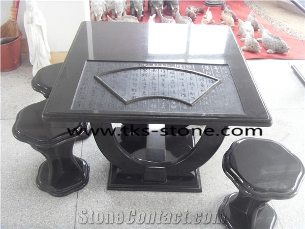 Black Granite Bench & Table,Stone Table Sets Caving,Black Granite Furniture,Table and Chairs Sculptures