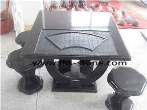 Black Granite Bench & Table,Stone Table Sets Caving,Black Granite Furniture,Table and Chairs Sculptures