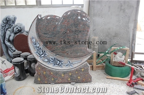 Brown Granite Heart Tombstones,Flower Heart Carving Gravestone