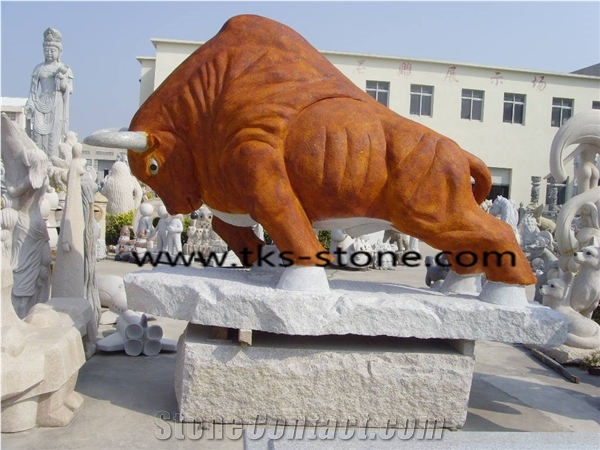 Bullfight Granite Sculpture & Statue,Yellow Granite Bull Sculpture, Animal Sculptures,Stone Bull Caving