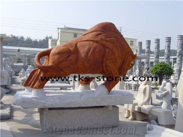 Bullfight Granite Sculpture & Statue,Yellow Granite Bull Sculpture, Animal Sculptures,Stone Bull Caving