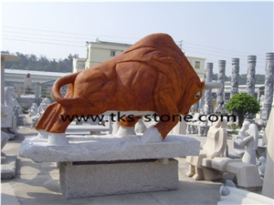 Bullfight Granite Sculpture & Statue,Yellow Granite Bull Sculpture, Animal Sculptures,Stone Bull Caving