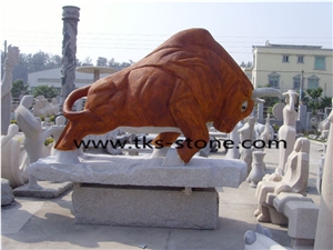 Bullfight Granite Sculpture & Statue,Yellow Granite Bull Sculpture, Animal Sculptures,Stone Bull Caving