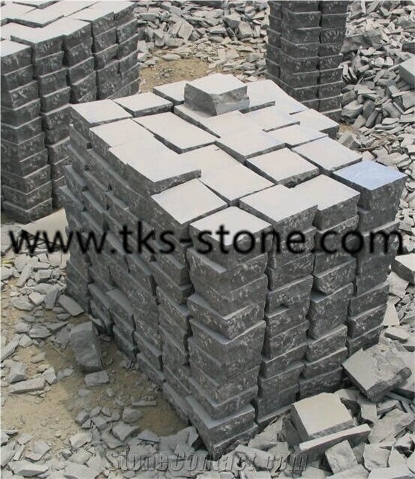 China Blue Limestone Cobble Stone/Cubestone,Cubestone Top Flamed Other Sides Natural,Blue Cube Stone Sides Split Finishing