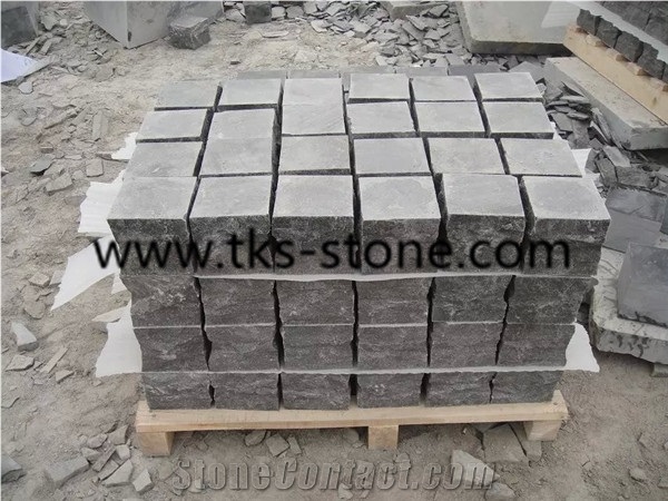 China Blue Limestone Cobble Stone/Cubestone,Cubestone Top Flamed Other Sides Natural,Blue Cube Stone Sides Split Finishing