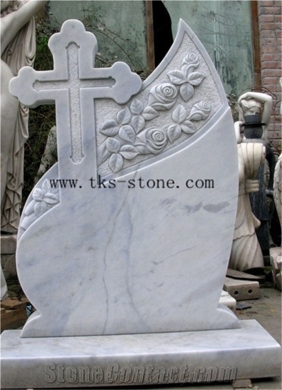 China White Marble Cross Flower Carving Monument & Tombstone, Engraved Tombstones