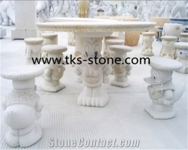 China Yellow Granite Tables & Chairs,Table Sets,Yellow Granite Garden Tables,Stone Furniture,Caved Tables,Round Table Top