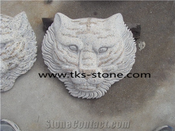 Granite Tiger Head Statues,Tiger Head Caving,Beige Granite Tiger Head Sculpture,Animal Sculptures