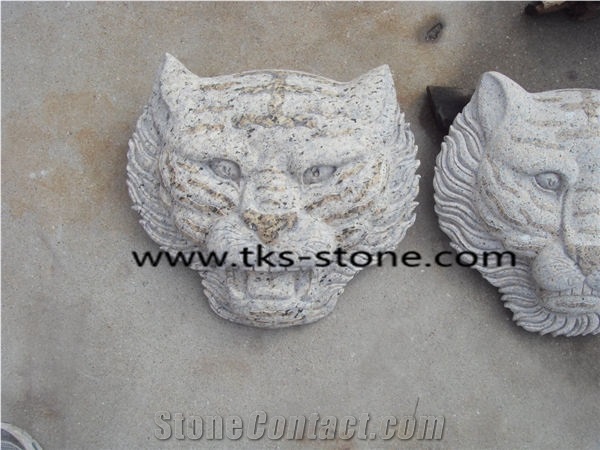 Granite Tiger Head Statues,Tiger Head Caving,Beige Granite Tiger Head Sculpture,Animal Sculptures