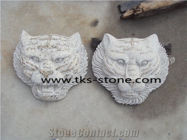 Granite Tiger Head Statues,Tiger Head Caving,Beige Granite Tiger Head Sculpture,Animal Sculptures