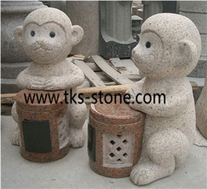 Monkey Sculpture & Statue,Beige Granite Animal Sculptures,Stone Monkey Caving,Western Statues,Garden Sculptures