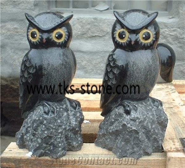 Owl Sculpture & Statue, Black Granite Animal Sculptures,Stone Owl Caving, Western Statues,Garden Sculptures