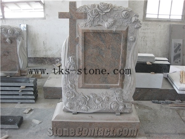 Red Granite Cross Flower Carving Monument & Tombstone,Design Various Of Style Monument