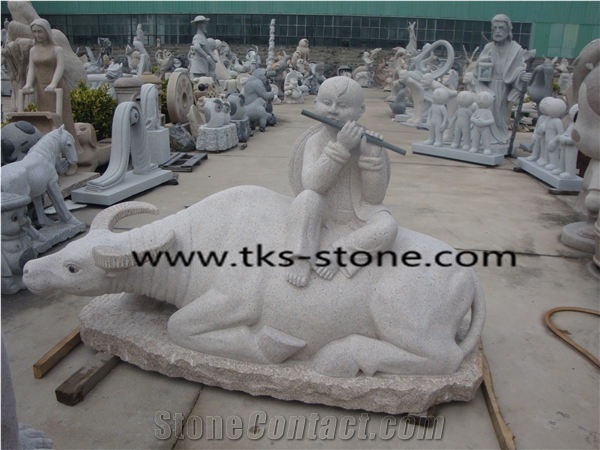Sculpture & Statue,The Shepherd Boy Riding a Cow,Grey Granite Garden Sculpture,Landscape Sculptures,Statues