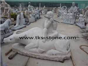 Sculpture & Statue,The Shepherd Boy Riding a Cow,Grey Granite Garden Sculpture,Landscape Sculptures,Statues