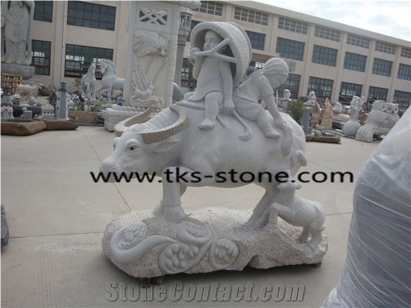 Sculpture & Statue,The Shepherd Boy Riding a Cow,Grey Granite Garden Sculpture,Landscape Sculptures,Statues